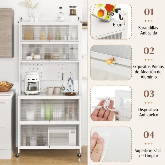 Armário de cozinha de 6 níveis buffet  com estantes Portas com Bancada para micro-ondas 80 x 40 x 178 cm Branco