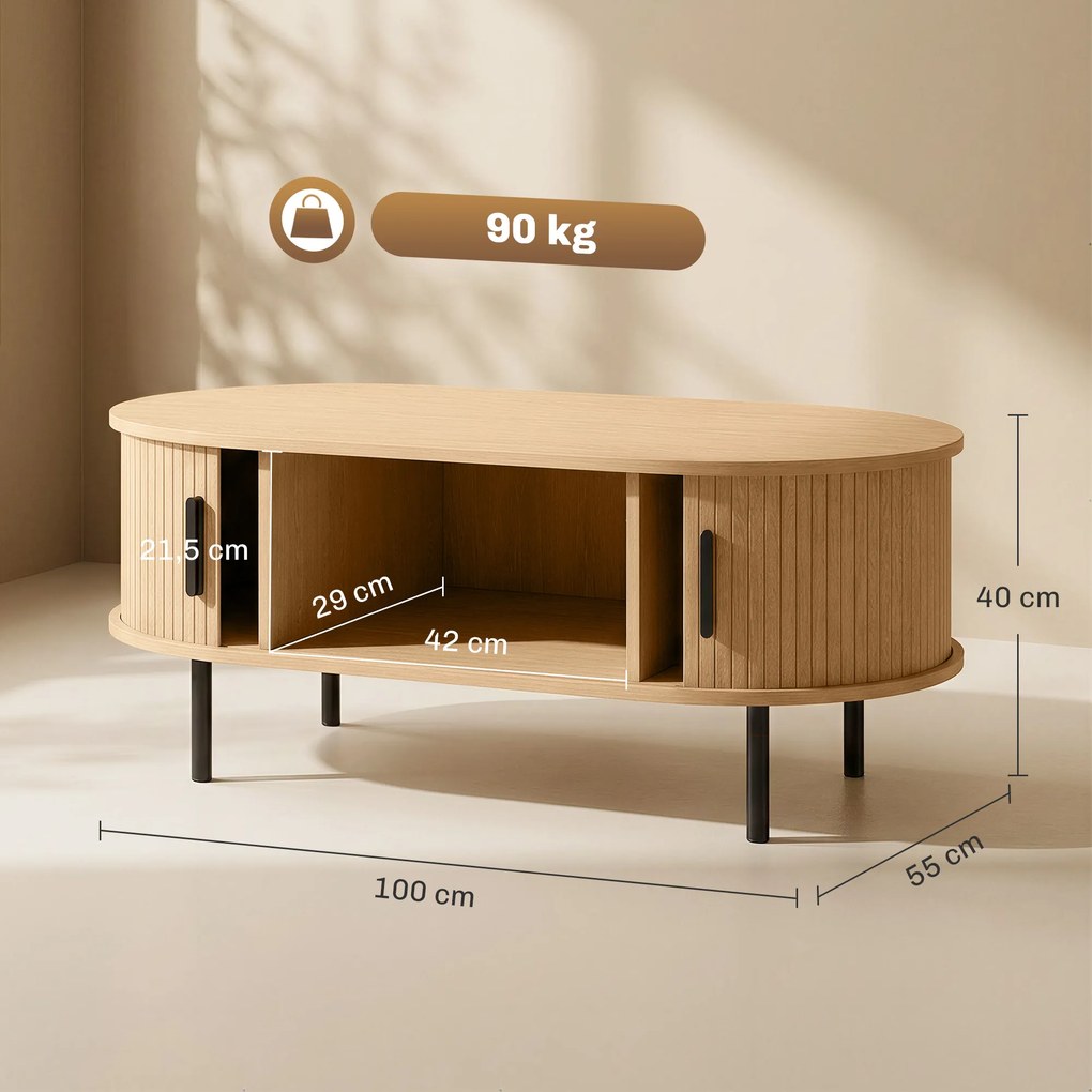 Mesa de Centro com Portas Deslizantes Mesa de Café Oval com Armazenamento Oculto 100x55x40 cm Natural