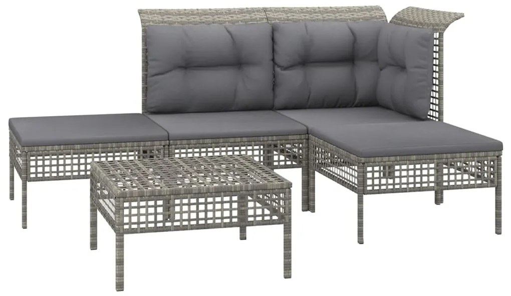 5 pcs conjunto lounge de jardim c/ almofadões vime PE cinzento