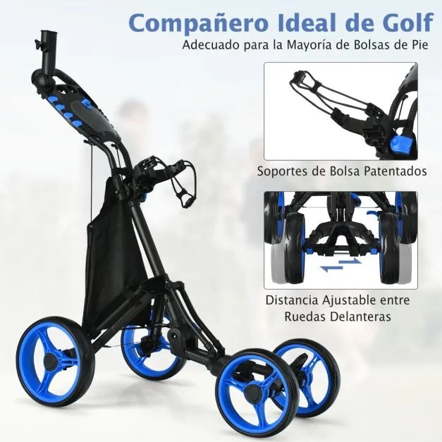 Carrinho de golfe dobrável, leve e de 4 rodas, com saco impermeável e travão de pé, suporte ajustável para guarda-chuva e copo - Azul