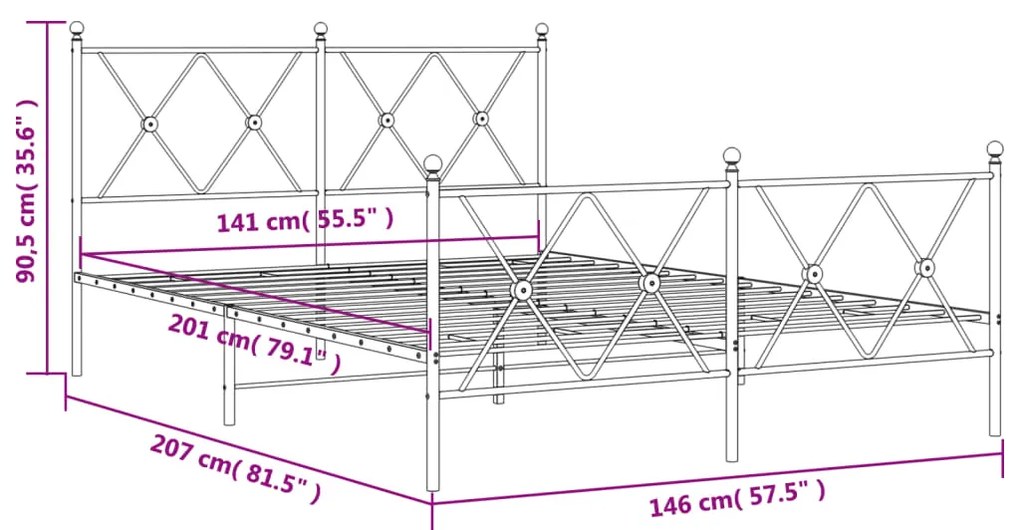 Estrutura de cama com cabeceira e pés 140x200 cm metal branco