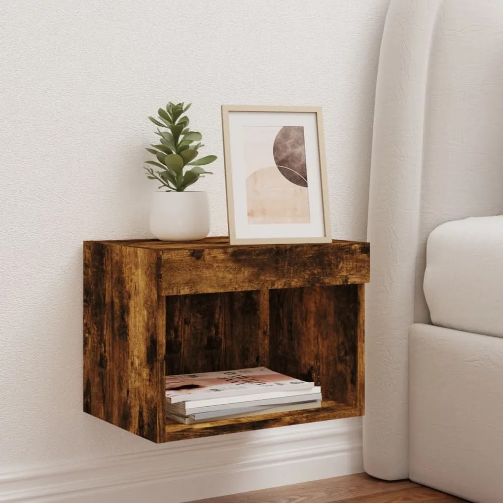 Mesa de cabeceira de parede com luzes LED carvalho fumado