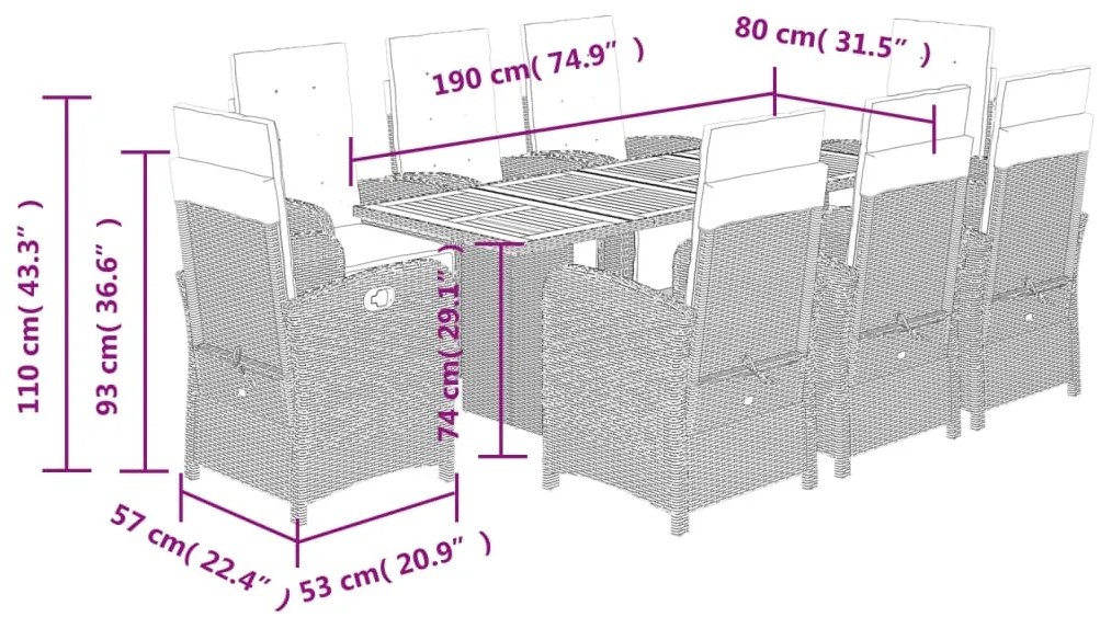 9 pcs conjunto de jantar p/ jardim c/ almofadões vime PE preto
