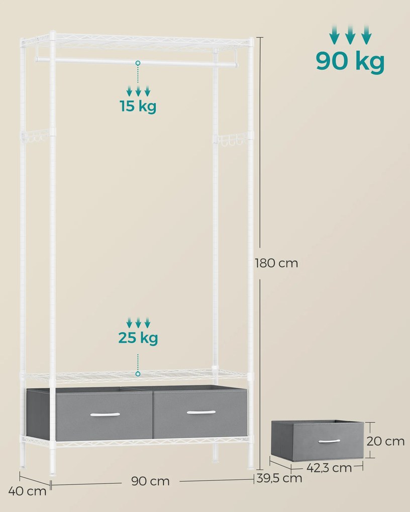 Guarda roupa aberto 40 x 90 x 180 cm com 2 gavetas em branco e cinzento