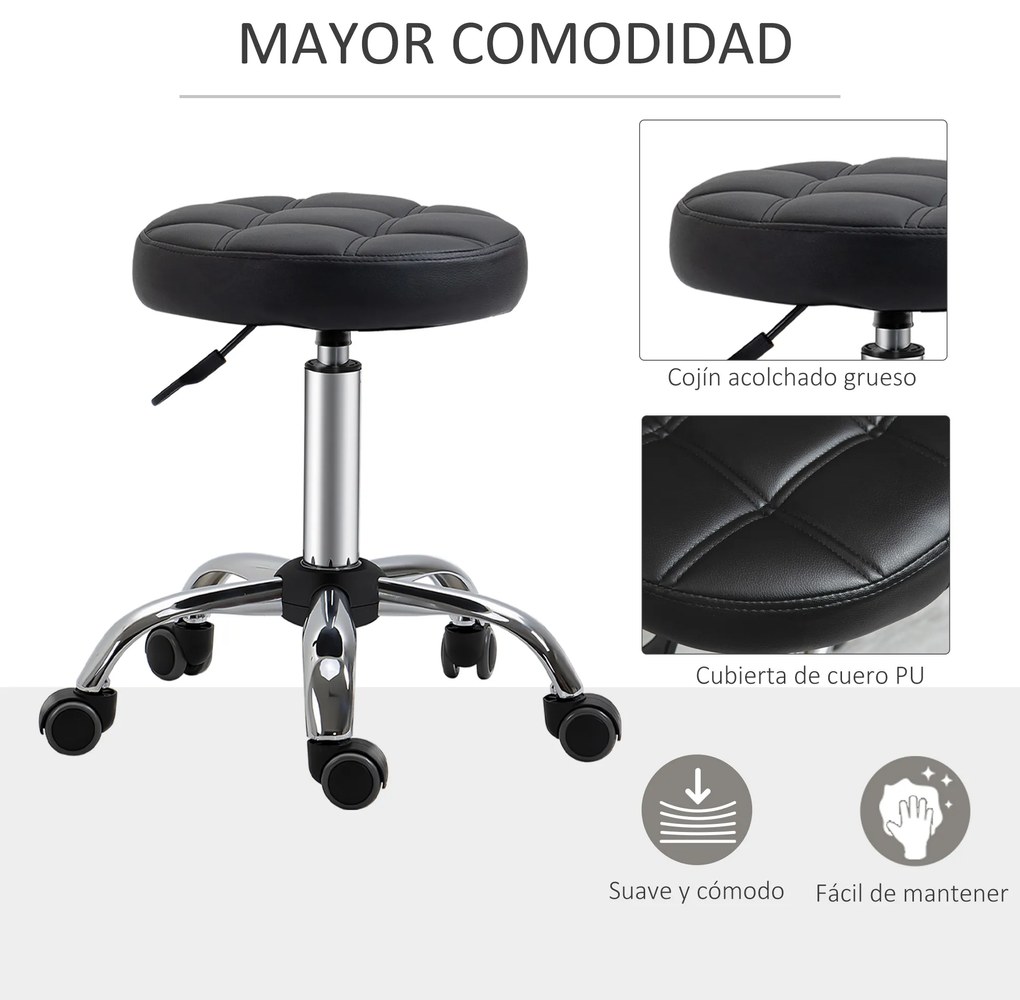 HOMCOM Banco Giratório com Rodas Altura Ajustável entre 48-63cm Banco de Trabalho Estofado em Couro PU para Salão Dentista Diâmetro Ø35,5cm Preto