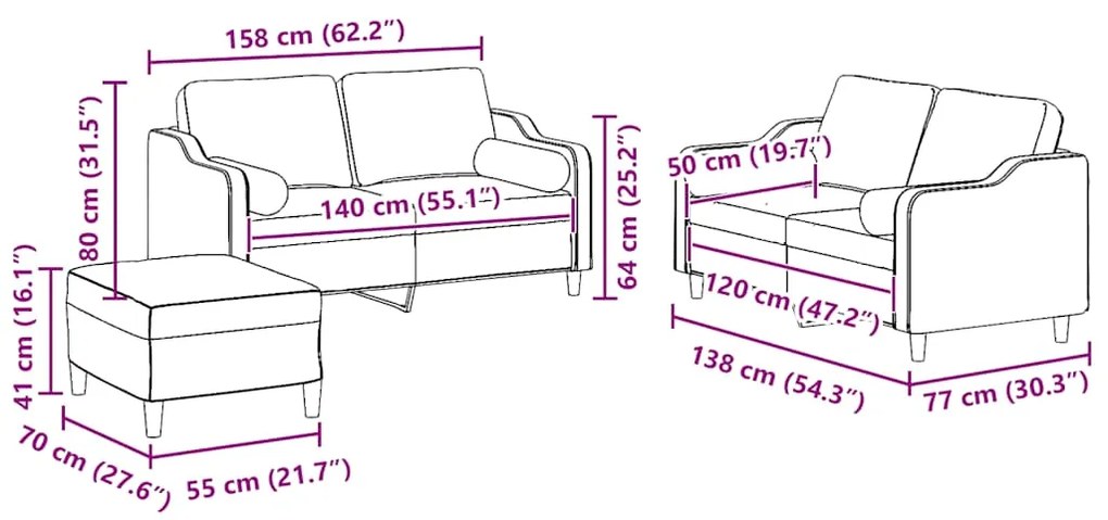 3 pcs conjunto de sofás com almofadas tecido cinzento-claro