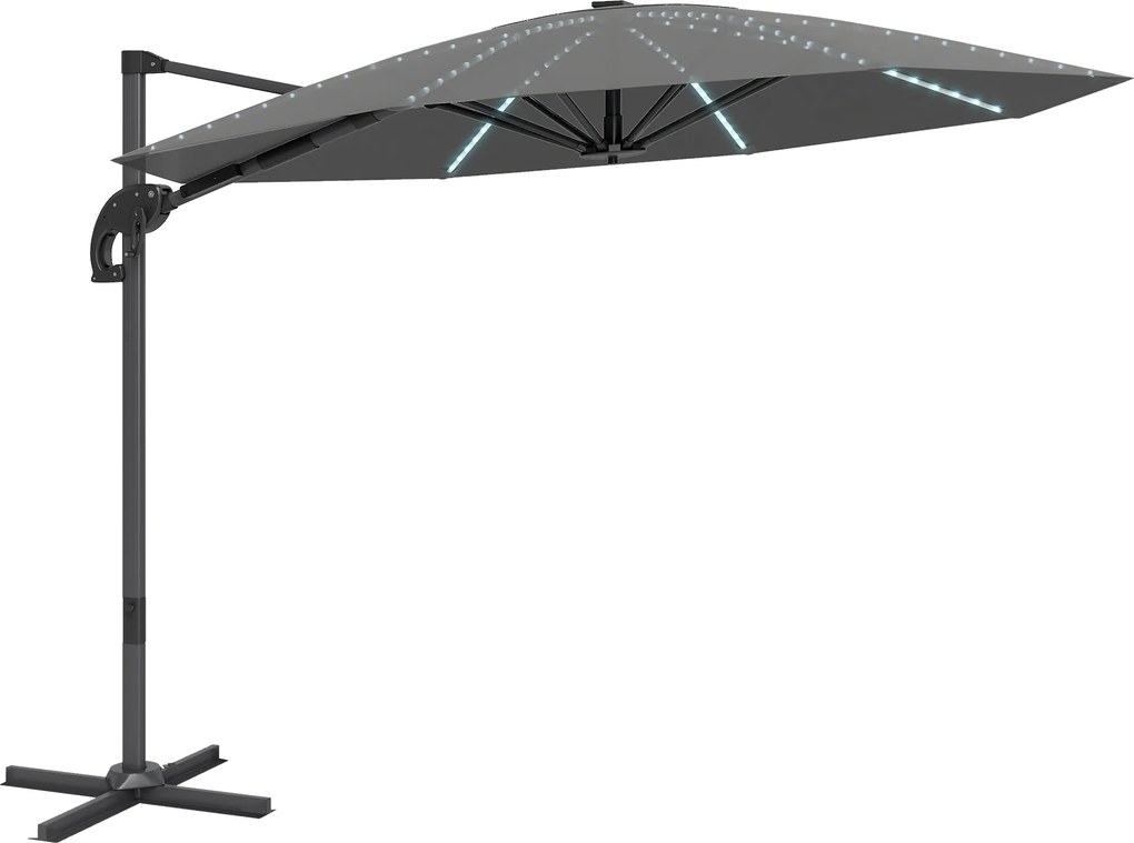 Outsunny Guarda-sol lateral de alumínio LED Solar Ø300 cm regulável com manivela UV50+ Cinza escuro | Aosom Portugal