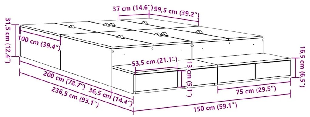 Estrutura de Cama Armazenagem Madeira Velha 150x200 cm