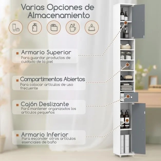 Armário de casa de banho alto e estreito com 2 portas, 1 gaveta e 5 prateleiras ajustáveis 20x20x180 cm cinza e branco