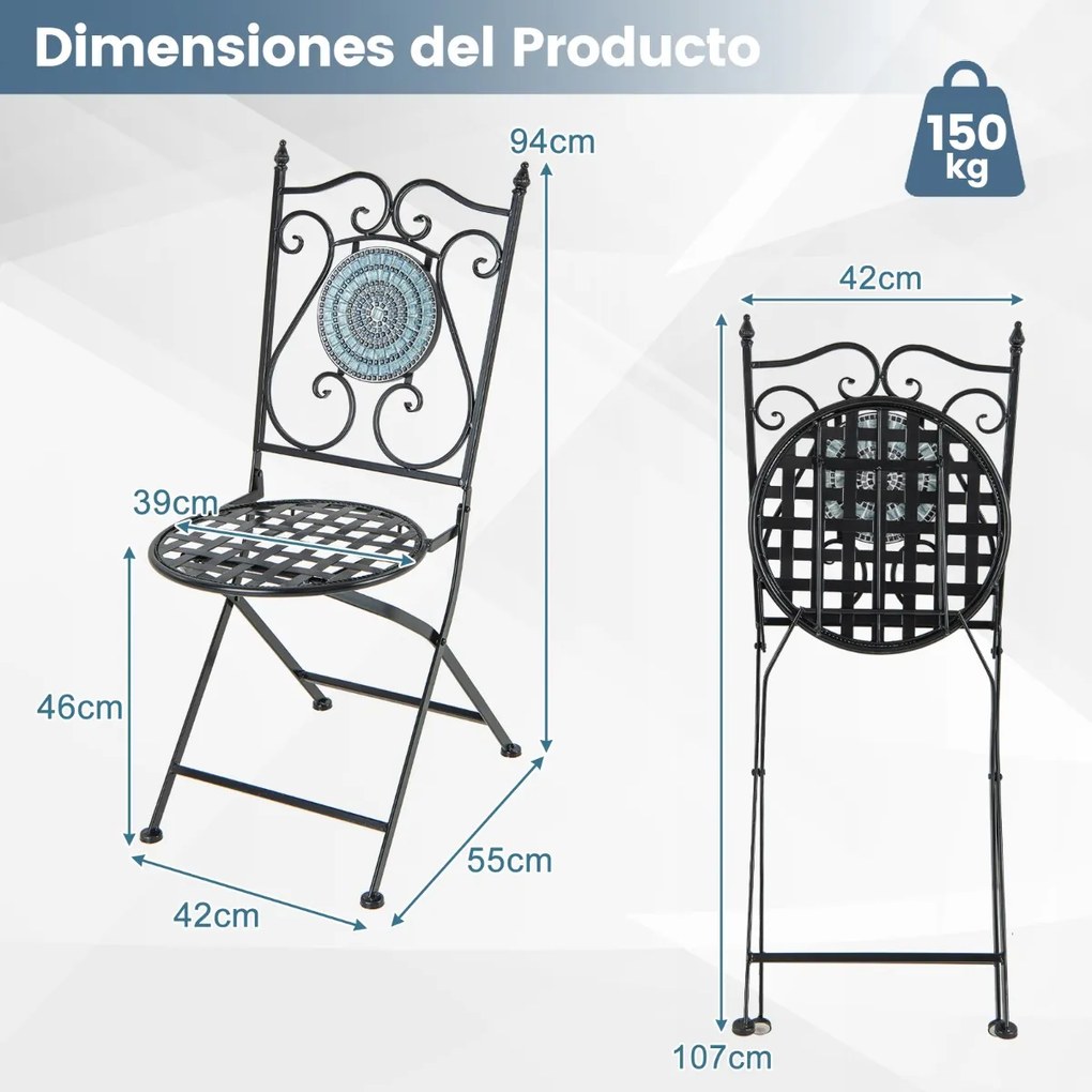 Conjunto Bistro Mesa redonda e 2 cadeiras dobráveis com padrão de mosaico Estrutura metálica robusta para utilização no interior e no exterior Cinzent