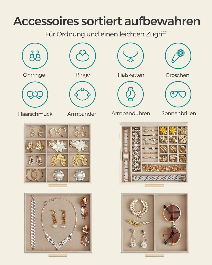 Caixa para joias de 4 níveis com tampa de vidro 20,3 x 23,1 x 16,5 cm Ideia para presente Branco-nuvem e dourado
