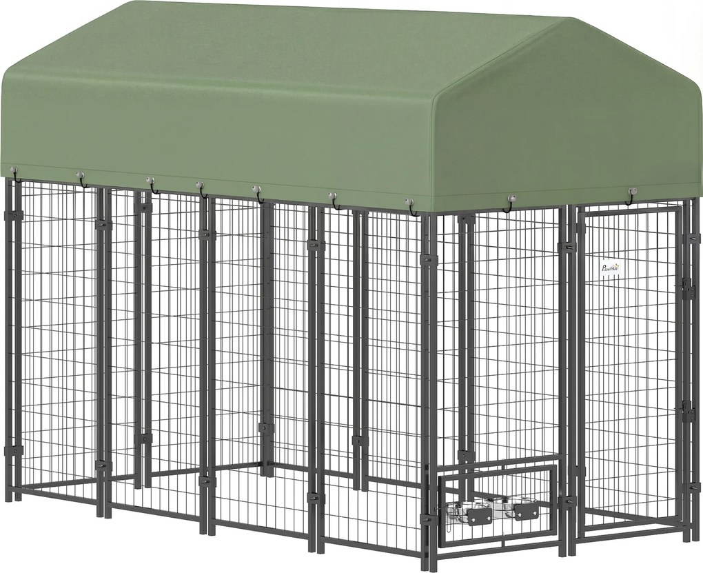 PawHut Recinto para Cães de Exterior em Aço com Teto em Tecido Oxford, Anti-UV, Impermeável, 2 Tigelas, Verde | Aosom Portugal