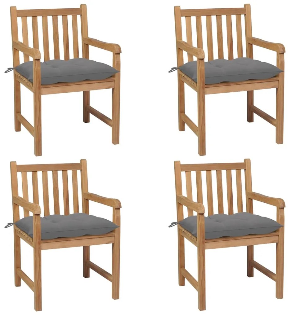 vidaXL Cadeiras de jardim c/ almofadões cinzentos 4 pcs teca maciça