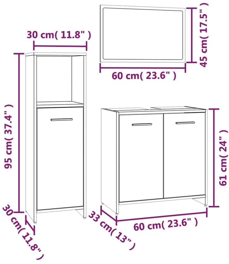 3 pcs Conjunto móveis casa de banho madeira proc. cinza sonoma