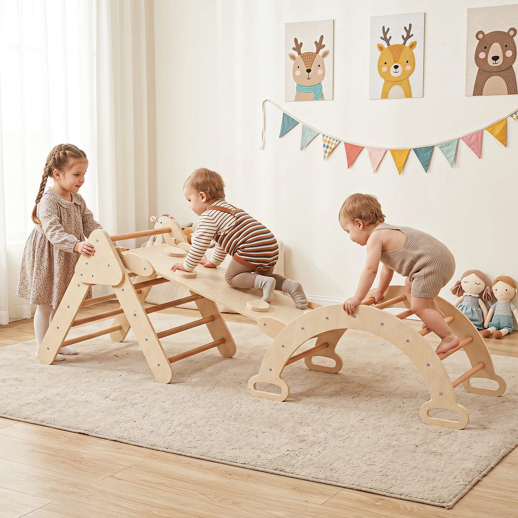 Conjunto de 3 Peças Montessori: Triângulo de Escalada, Arco e Rampa, 69 x 55 x 59 cm, Dobrável, Natural
