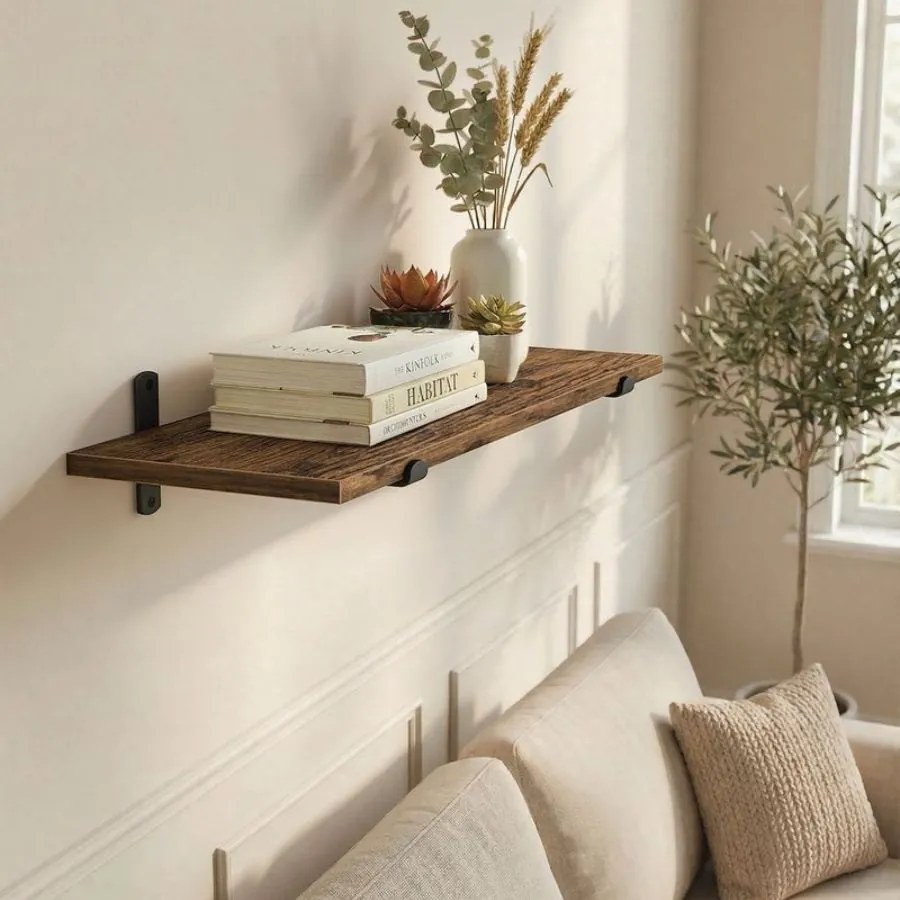 Prateleira de parede 20 x 60 x 7 cm, com capacidade para até 10 kg, castanho vintage e preto