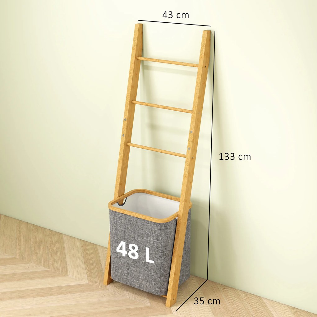 Estante para Casa de Banho de Bambu com 3 Barras e Cesto para Roupa Suja Removível de 48 L 43x35x133 cm Cinzento