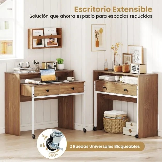Secretária extensível, mesa pequena para computador com 2 gavetas e rodas 100 x 63 x 88 cm natural