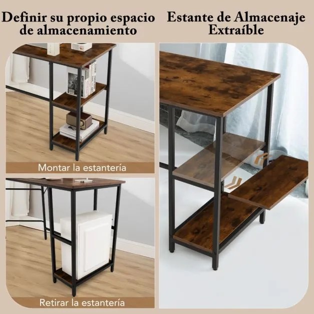 Secretária em forma de L de canto de 138 cm com estrutura em aço carbono Estante de 2 níveis e prateleira extraível Castanho rústico