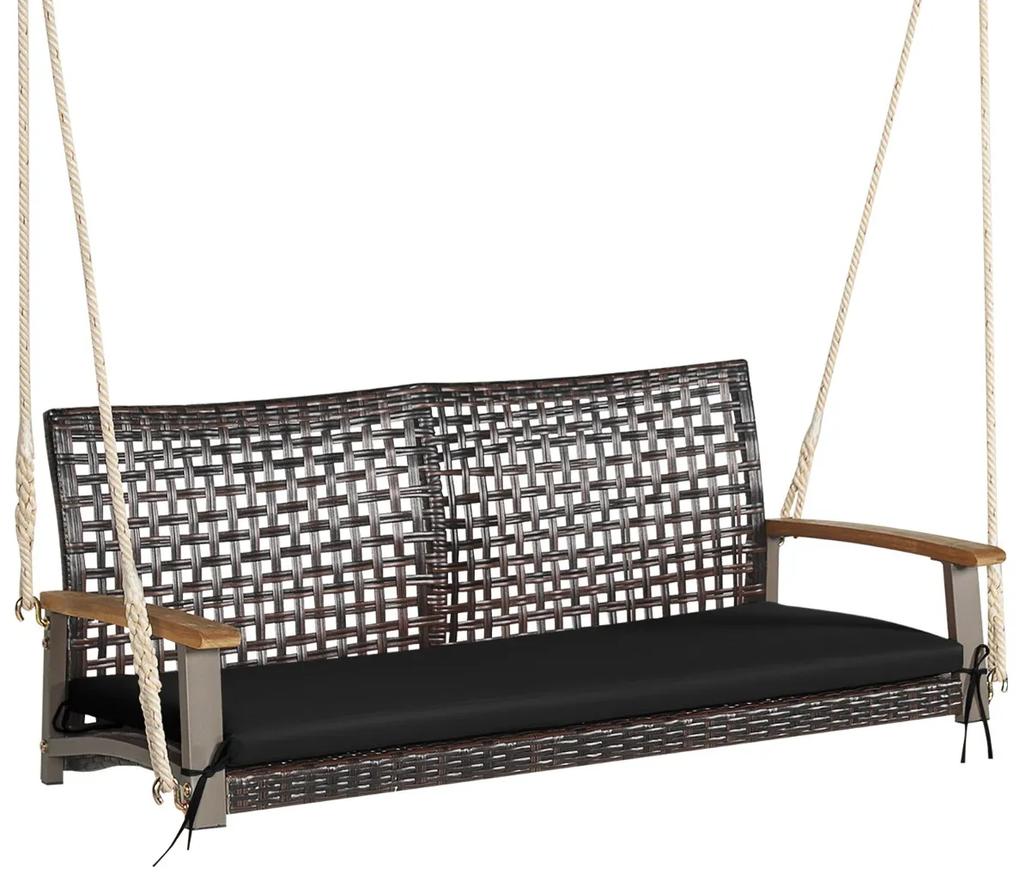 Baloiço de varanda em vime de 2 lugares com almofada de assento Apoio de braço em madeira de acácia 2 cordas 131 x 68 x 54 cm Preto