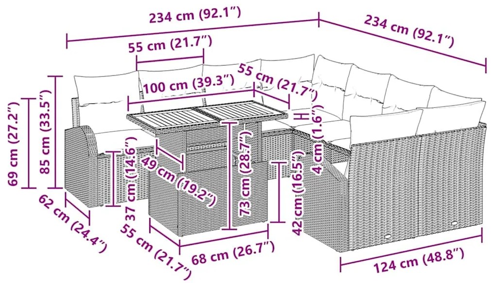 Conjunto de Jantar de Jardim de 9 Peças com Almofadas Bege em Rattan S
