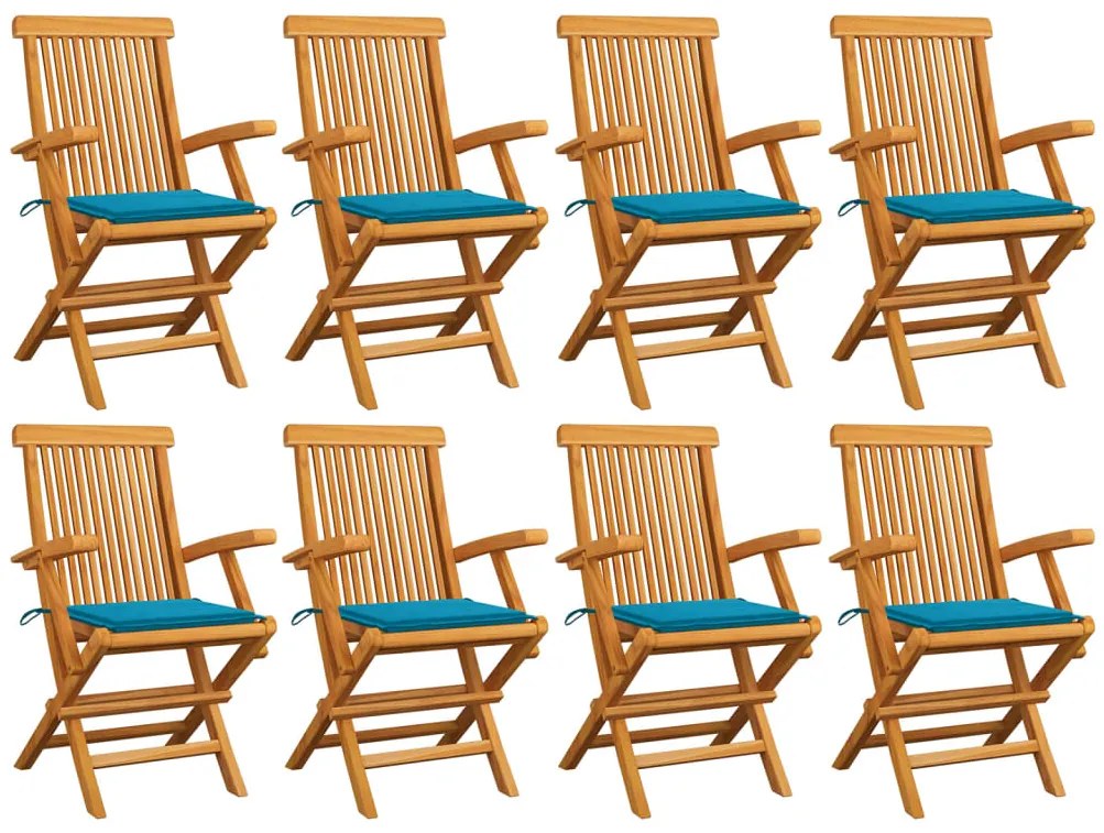 Cadeiras de jardim c/ almofadões azuis 8 pcs teca maciça