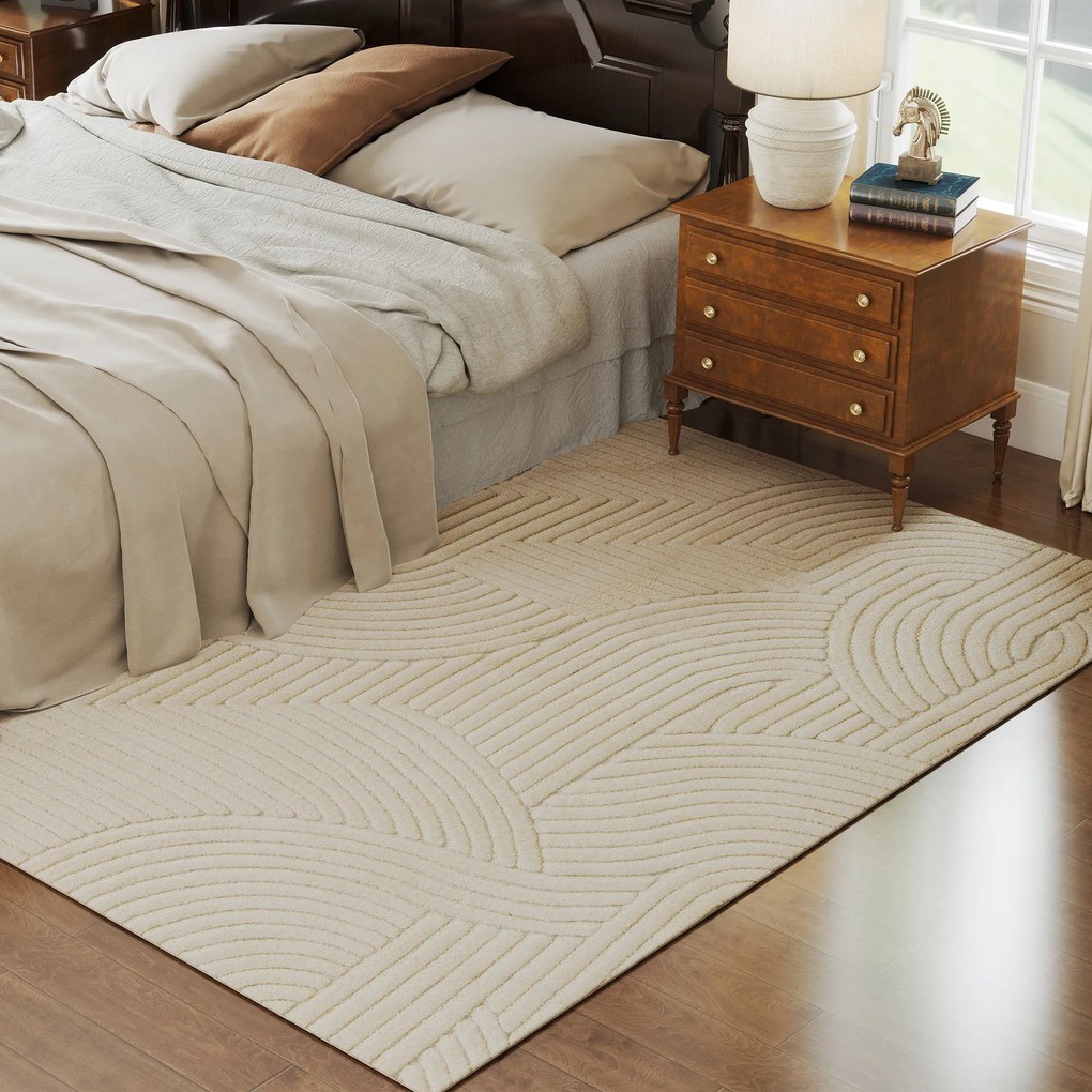 Tapete de sala 230 x 160 cm, tapete com pêlo espesso, padrão geométrico, macio e antiderrapante, cor creme