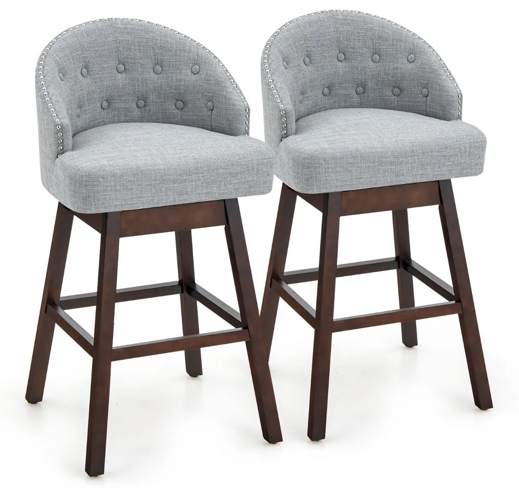 Conjunto de 2 bancos de bar giratórios com pernas de madeira de borracha encosto almofadado tecido de linho e rebite 55 x 53 x 105 cm Cinzento