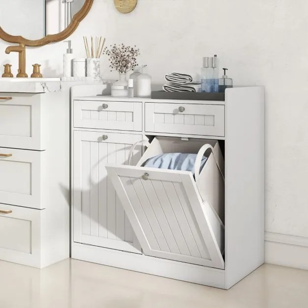 Armário para roupa suja 79 x 40 x 80 cm com dupla inclinação com Estante, 2 gavetas e 2 sacos para roupa suja removíveis Branco