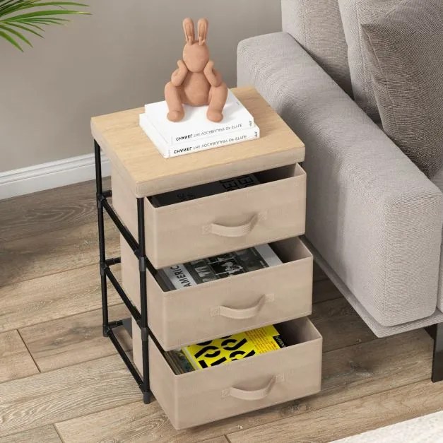 Conjunto 2 mesas de cabeçeira de tecido 40 cm x 30 cm x 62 cm com 3 gavetas Estrutura metálica para quarto Café