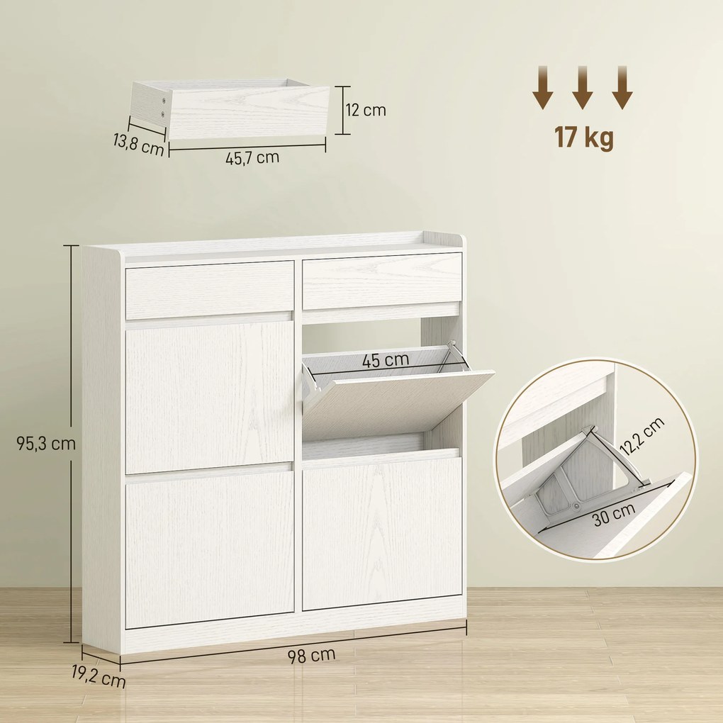 Sapateira Estreita com 4 Portas Sapateira para Entrada com 2 Gavetas para 8 Pares de Sapatos 98x19,2x95,3 cm Branco