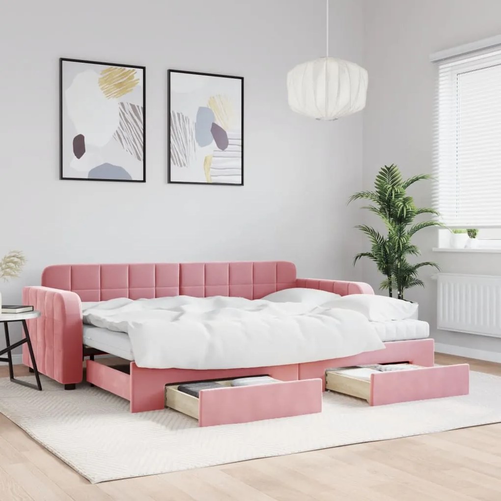 vidaXL Sofá-cama com gavetão e gavetas 80x200 cm veludo rosa