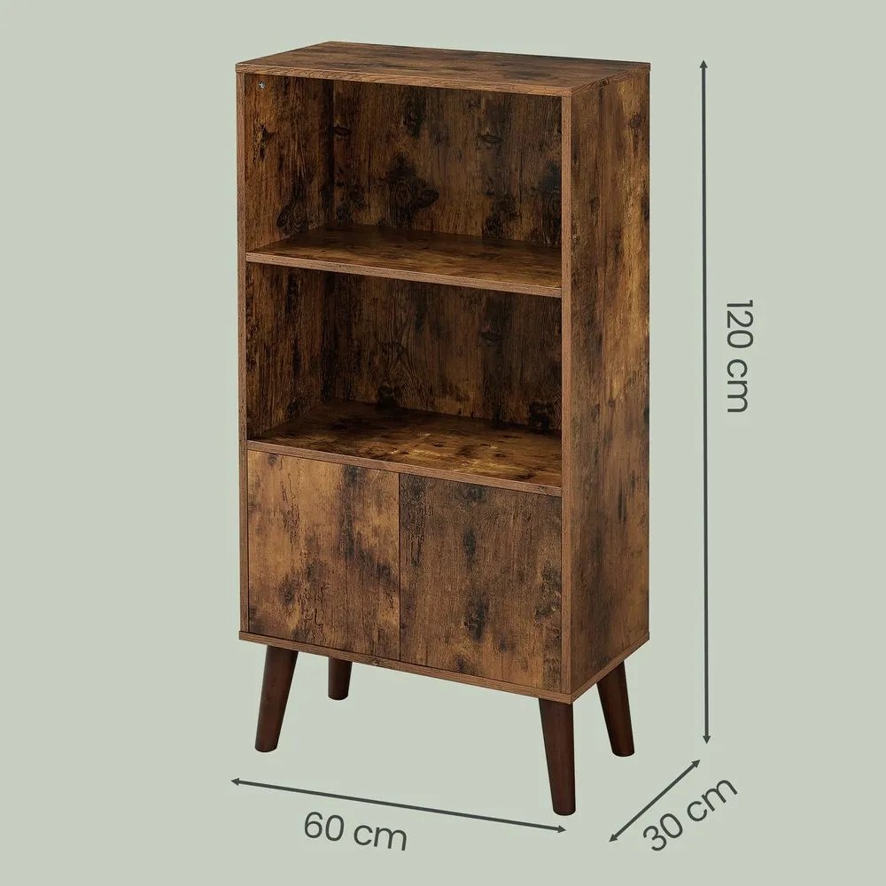 Estante de 3 prateleiras com portas 30 x 60 x 120 cm, design Mid-Century, para a sala de estar e o escritório em casa castanho