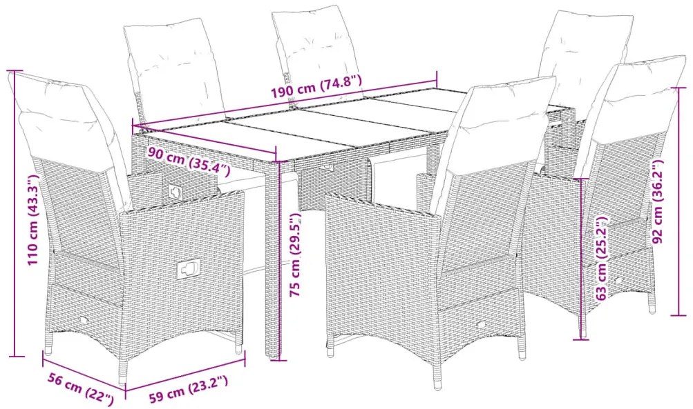 7 pcs conjunto de bistrô para jardim c/ almofadões vime PE bege