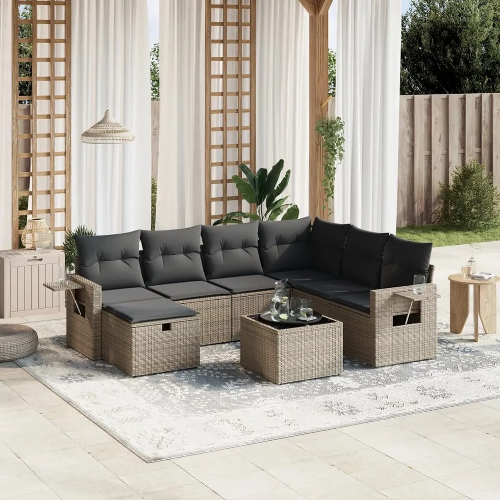 vidaXL 8 pcs conjunto sofás de jardim c/ almofadões vime PE cinzento