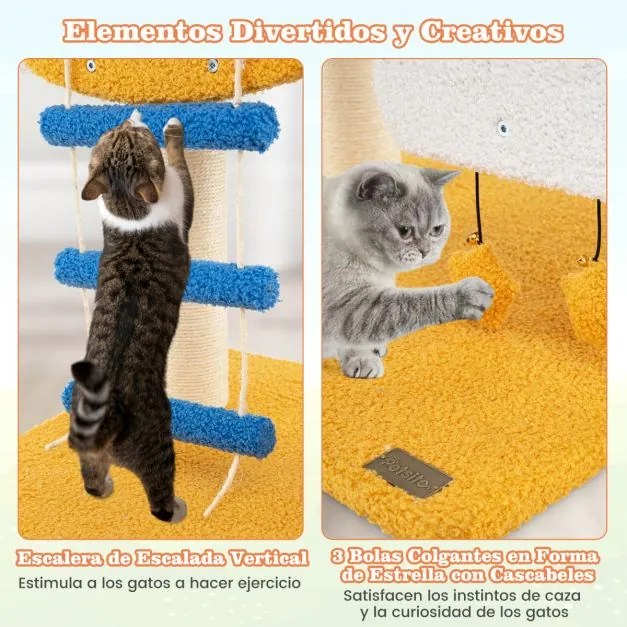 Arranhador para gatos com tema de aviação com poleiro de helicóptero Plataforma Escada 3 brinquedos Amarelo