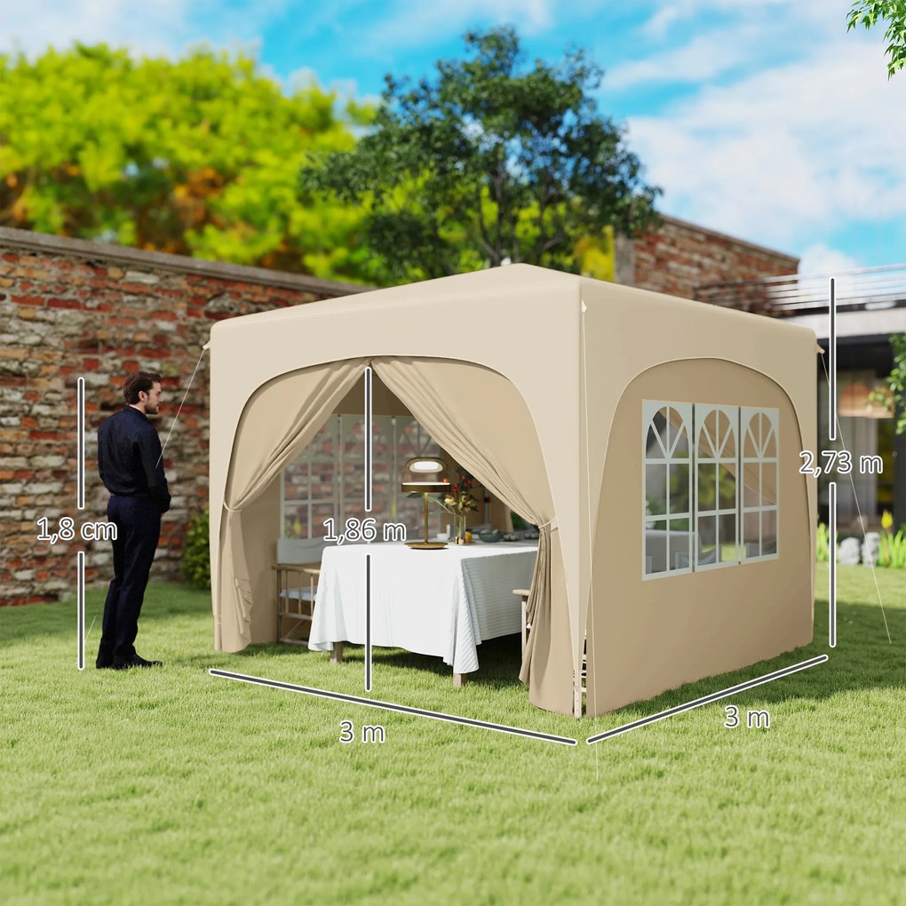 Tenda dobrável para eventos, 3 x 3 x 2,73 m, com janelas + Saco de transporte, cor areia