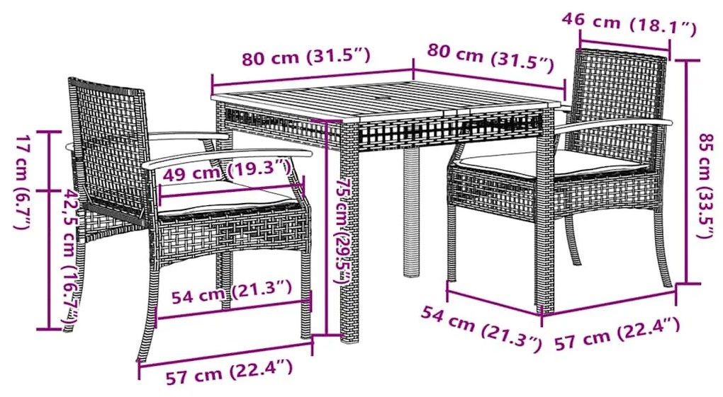 3 pcs conjunto de jantar p/ jardim com almofadões vime PE bege