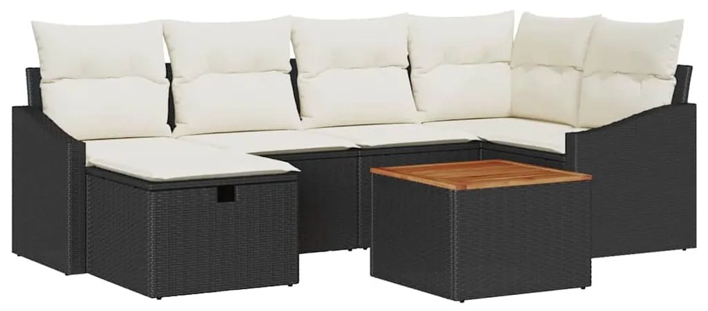 Conjunto de Sofá de 7 Peças para Jardim com Almofadas Preto Poliratan