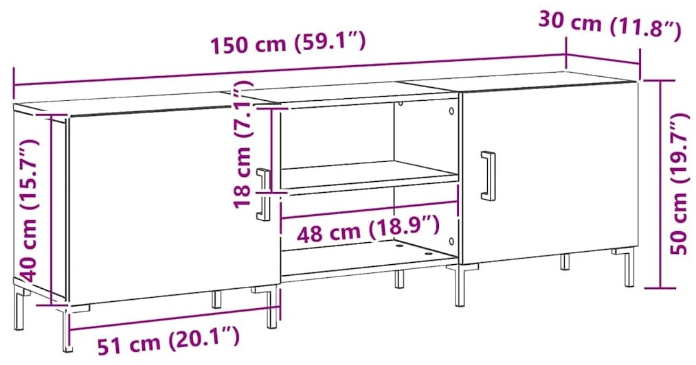 Armário para TV vidaXL Preta Carvalho 150x30x50 cm em Madeira Derivada
