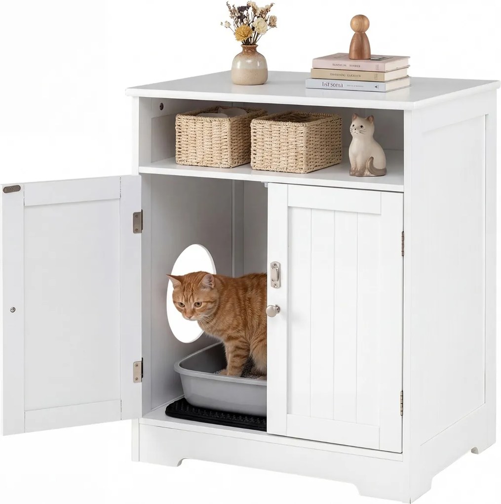 Movel para caixa de areia para gatos (NÃO INCLUIDA) 59,5 x 43,5 x 73 cm em madeira, móvel embutido com tapete, compartimento, porta com fechadura, ca