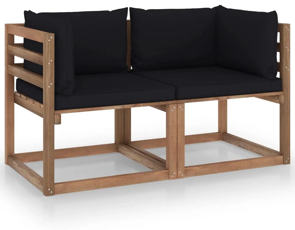 vidaXL Sofá de paletes p/ jardim 2 lug. com almofadões pretos pinho