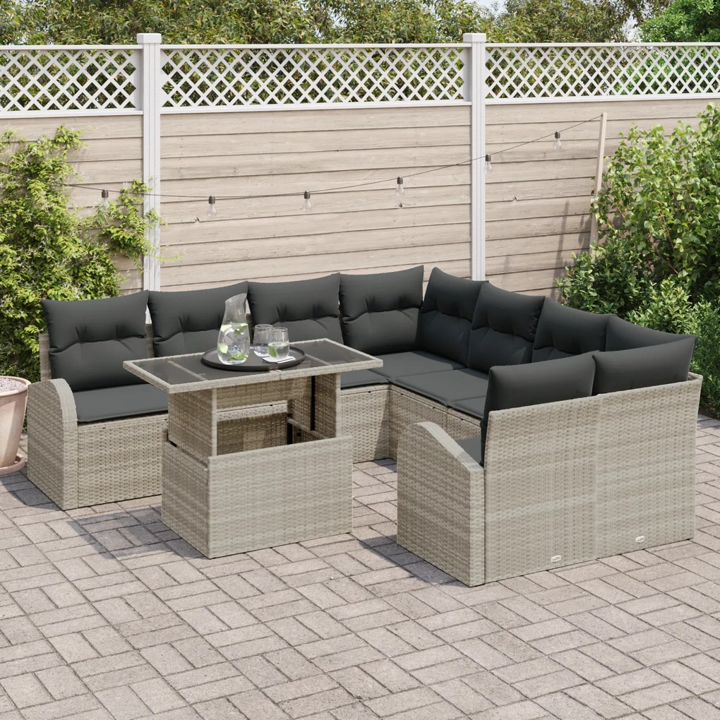 Conjunto de Sofás de Jardim vidaXL 9 Peças com Almofadas Cinza Claro R