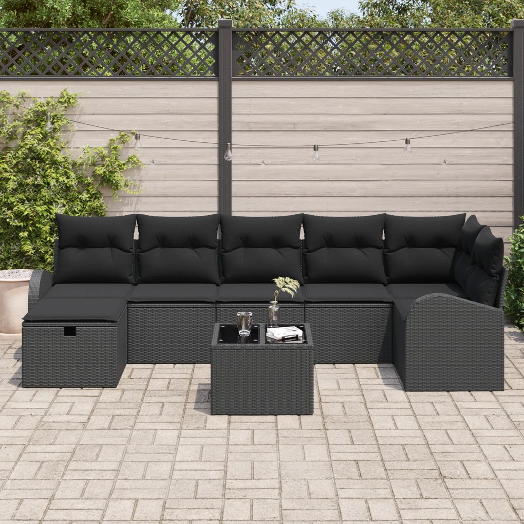 Conjunto de 8 Peças de Sofá de Jardim com Almofadas Preto Rattan Polié