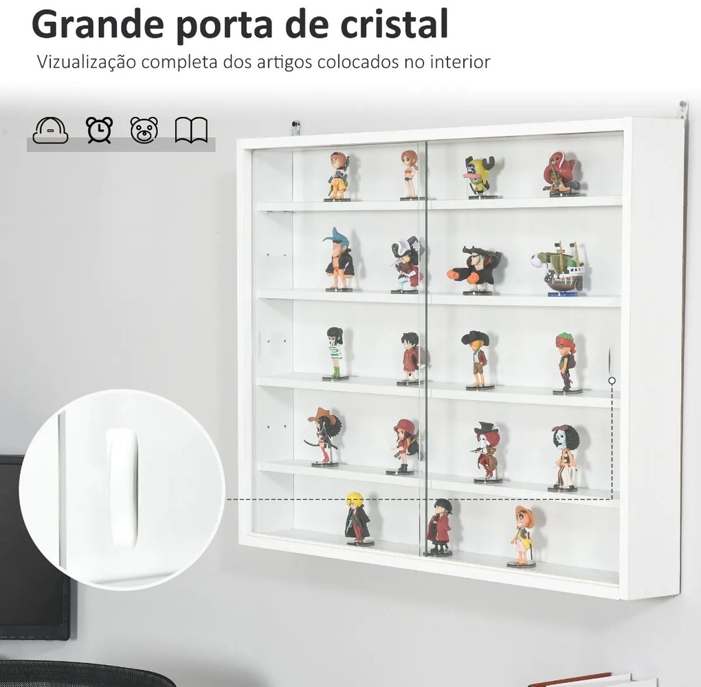 Vitrine de Parede de Madeira com Prateleiras Ajustáveis e 2 Portas Corredeiras de Vidro para Coleções Perfumes Bonecos de Decoração 80x9,5x60cm Branco