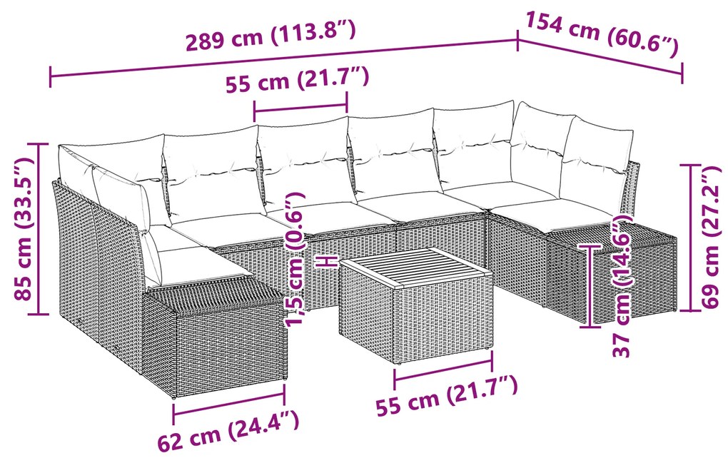 Conjunto de Sofá de Jardim de 8 Peças com Almofadas Cinza em Rattan Si