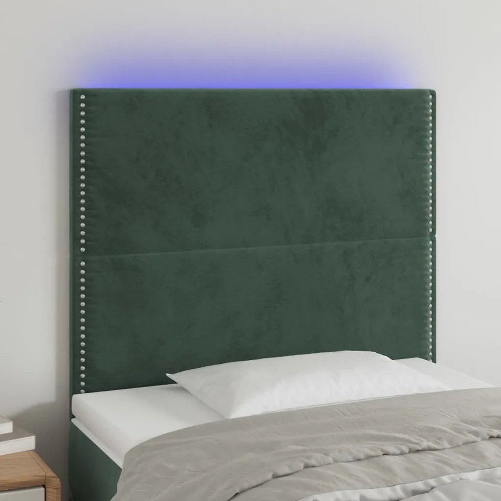 3122317 vidaXL Cabeceira de cama c/ LED veludo 80x5x118/128 cm verde-escuro