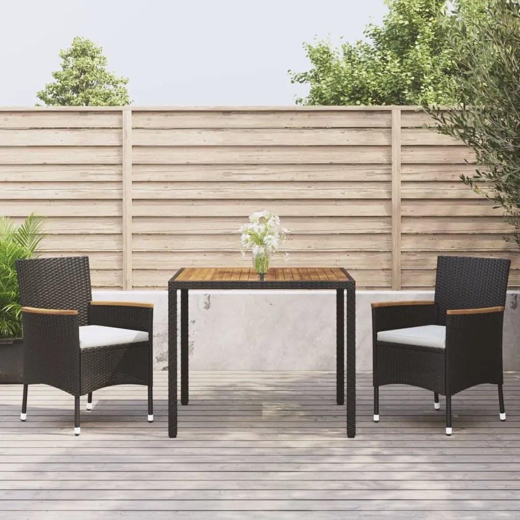 vidaXL 3 pcs conjunto de jantar p/ jardim c/ almofadões vime PE preto