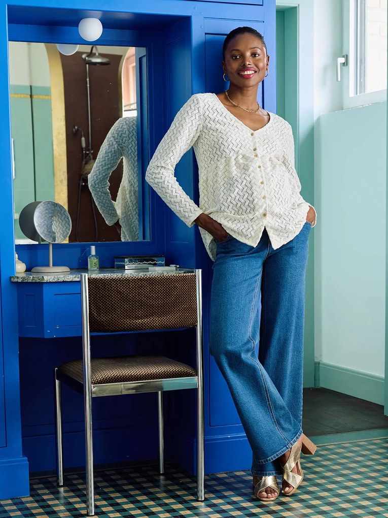 T-shirt blusa em malha jacquard, de grávida e amamentação  cru