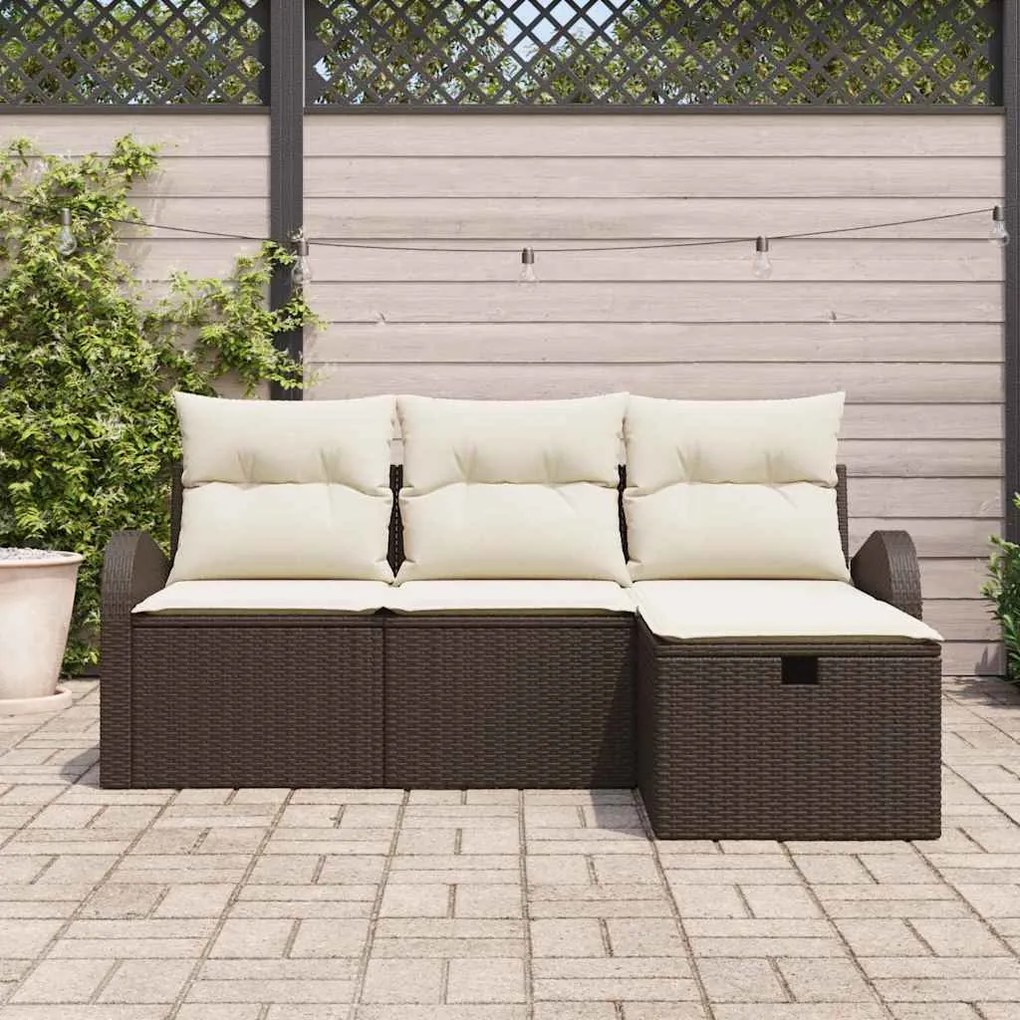 Conjunto de Sofá de Jardim de 4 Peças com Almofadas Castanho Poliratta